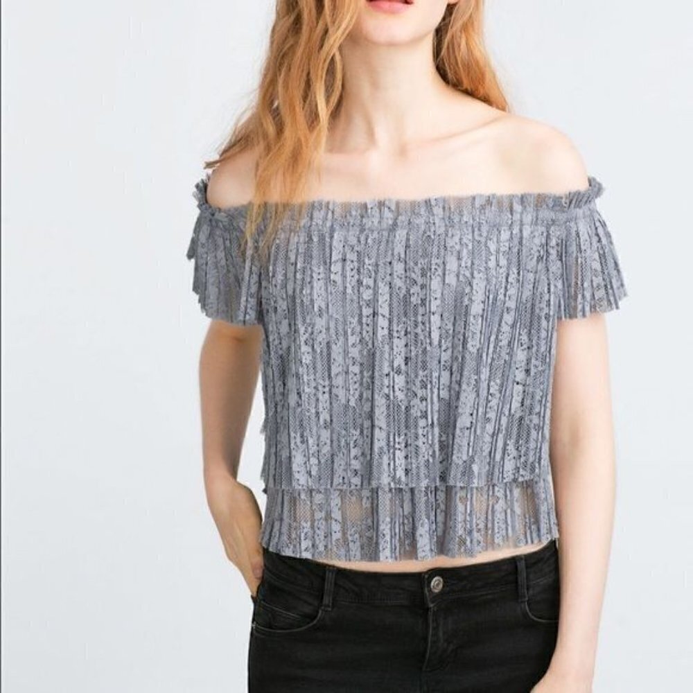 Zara pleated lace blue grey off shoulder blouse size S